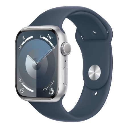 Apple Watch Series 9, 45 мм корпус из алюминия цвета «Silver», ремешок Sport Band размера M/L цвета «Storm Blue»