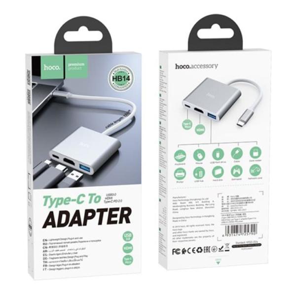 Хаб hoco. Easy use USB-C на USB3.0 + HDMI + PD (HB14) Серый