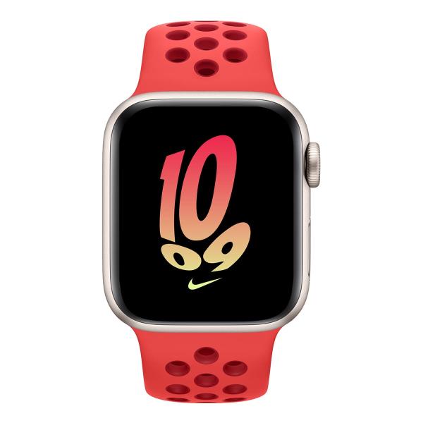 Apple Watch Nike SE (2022), 40 мм корпус из алюминия цвета «Starlight», ремешок Nike Sport Band размера S/M цвета «Bright Crimson/Gym Red»